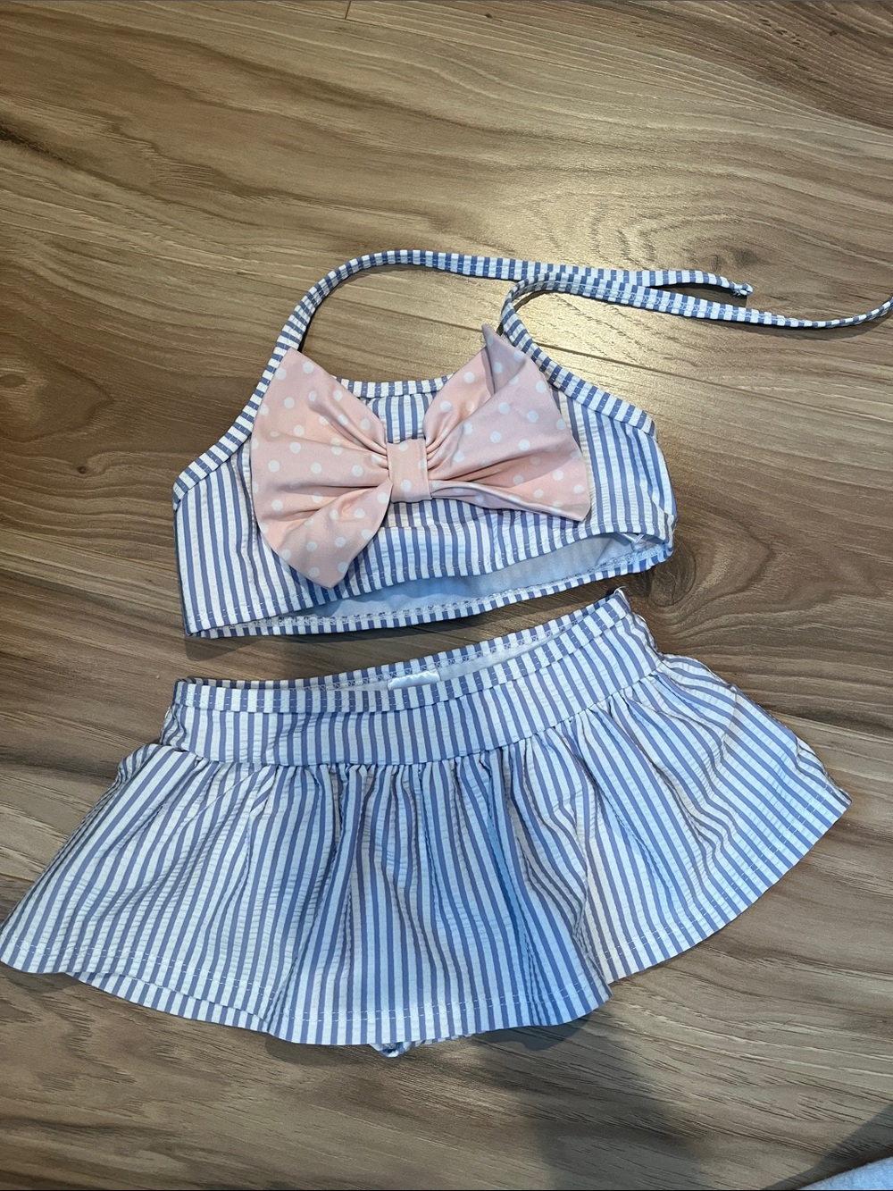Ruffle Butts Blue & White Striped Skirted Swim with Pink Bow